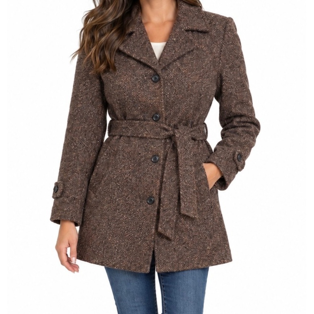 GIACCA Vintage Women's Brown Tweed Wool Blend Belted Button Front Coat-M/L